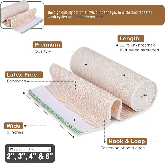 Premium Elastic Bandage Wrap (6” Wide, 25 Pack) - Nexskin Latex Free Athletic/Medical Compression Bandages Hook & Loop Fasteners at Both Ends - Lifetime Washable & Reusable Bandages