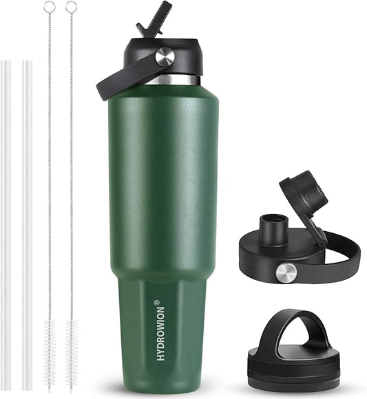 HYDROWION 40 oz Insulated Water Bottle, Car Water Bottle Holder - Double Wall Vacuum Insulated Travel Bottle with Straw Lid, Spout Lid and Flex Cap - Cold for 24H, Hot for 12H, Olive