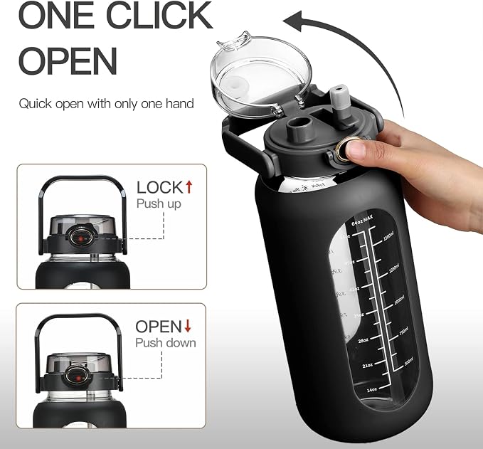 chunmo 42oz/52oz/64oz Glass Water Bolttles with Straw Half Gallon Large Motivational Water Bottle with Time Marker Sports Water Bottles with Silicone Sleeve and Handle Lid Water Jug for Gym Workout