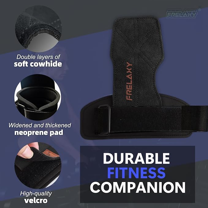 Frelaxy Lifting Wrist Straps for Women and Men, Weight Lifting Grips | Double-layer leather, Cushioned wrist support, Durable construction, Storage pouch, Deadlifts, rows, lat pulldowns