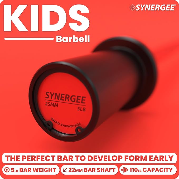 Synergee Kids Barbell – 5 lb Youth Bar in Blue Orange Pink