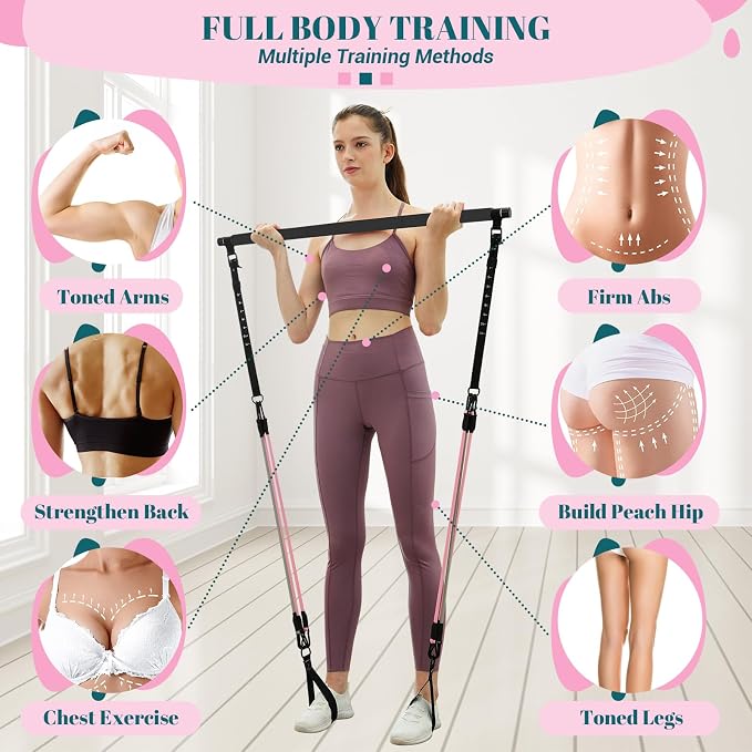 Pilates Bar Kit with Resistance Bands, Multifunctional Yoga Pilates Kit | Heavy-Duty Metal Adjustment Buckle, Portable Home Gym Pilates Resistance Bar Kit for Women Full Body Workouts