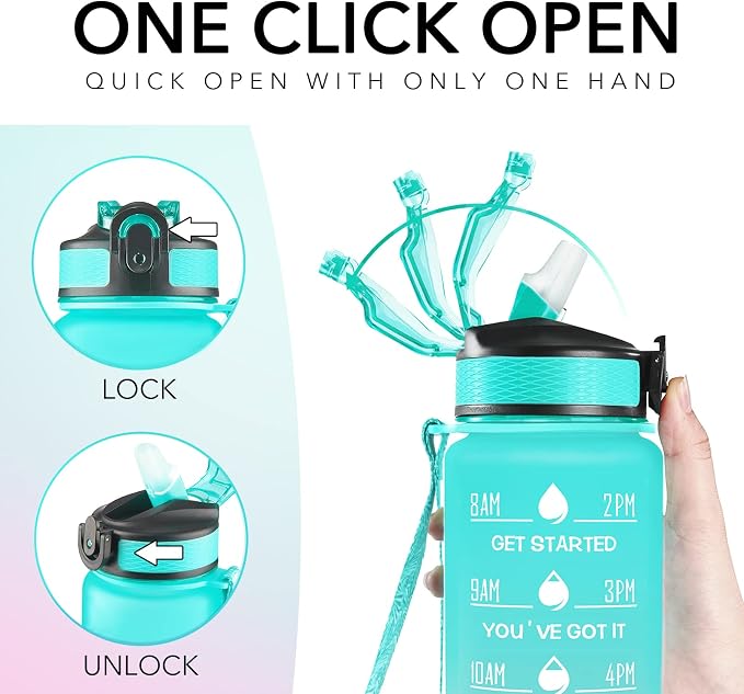 Hyeta Water Bottle with Straw & Time Marker, Plastic 32oz Leakproof | Motivational Tritan BPA Free Gym Office Outdoor Intake Tracker Hourly Reminder Straw Lid Carry Strap