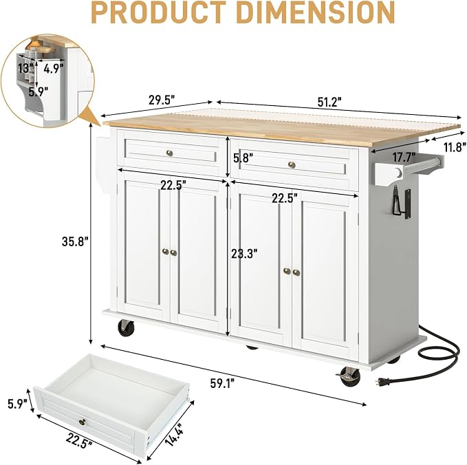Hlivelood 59.1" Movable Kitchen Island with Drop Leaf and Power Outlet, Rolling Island Cart w/Storage Cabinet, Island Table on Wheels for Kitchen w/2 Drawers, Spice Rack, Towel Bar, Garage Hook, White