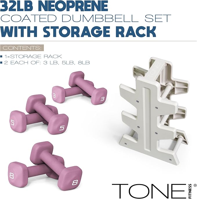 Tone Fitness Neoprene Dumbbell Set with Storage Rack – Non-Slip, Anti-Roll Hand Weights for Home Gym Workouts | 20 lb, 32 lb, 50 lb, 60 lb & 100 lb Options