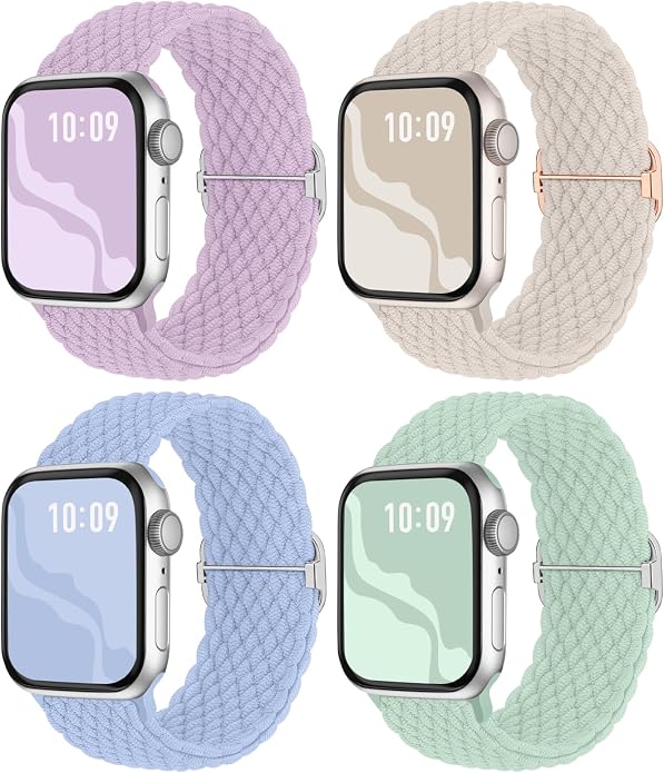 4 Pack Braided Stretchy Bands Compatible with Apple Watch 40mm 41mm 38mm 42mm 44mm 45mm 46mm 49mm Women Men, Breathable Nylon Elastic Daily Use Straps for iWatch Series 11/10 9 8 7 6 5 4 3 SE/Ultra 2