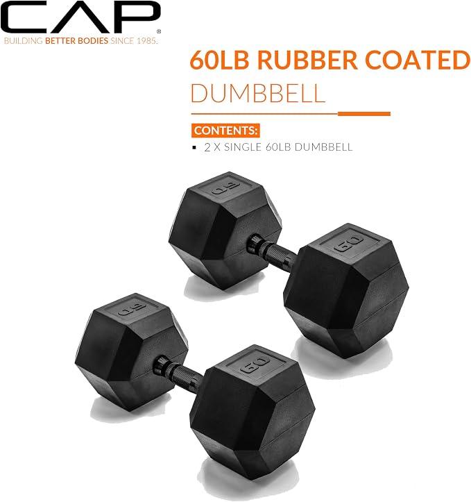 CAP Rubber Coated Dumbbell Weights, Free Weights for Home Gym Strength Training, Anti-Roll Hex Dumbbells with Black, Chrome & Comfort Grip Handles, Pairs & Sets