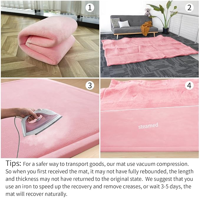 Baby Play Mat for Floor,1.3" Thick Memory foam Tummy Time Mat,Soft Coral Velvet Nursery Rug,Extra Large Non Slip for Crawling,Toddlers,Infants,kids,Yoga&Tatami Style for Living Room(Pink)