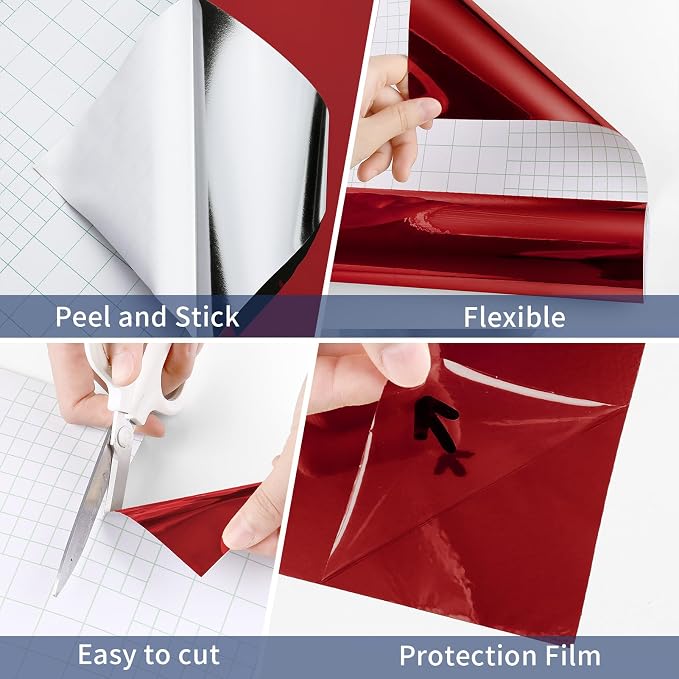 WESTICK Glossy Chrome Red Vinyl Peel and Stick HTV Heat Transfer Vinyl 15.8"x394" Red Permanent Roll Self Adhesive Easy to Cut Metallic Mirror Wall Sticker for Cricut Christmas Decals Bedroom Decor