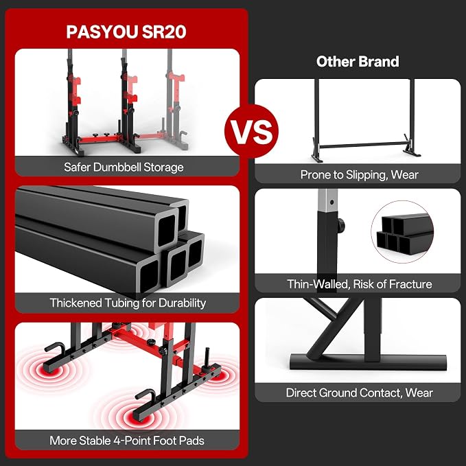 PASYOU Adjustable Squat Power Rack for Home Gym | Adjustable Free Weight Racks, Dual Steel Frame, Push-up Handles, with Dumbbell Storage, Heavy Strength Training for Home Gym