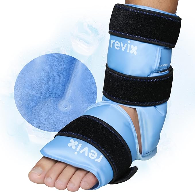 REVIX Ankle Ice Pack Wrap, Reusable Gel Ice Pack for Foot Pain Relief | Feet Cold Pack with Soft Plush Lining, 3 Adjustable Straps for Achilles Tendonitis, Plantar Fasciitis, Sprained Ankle