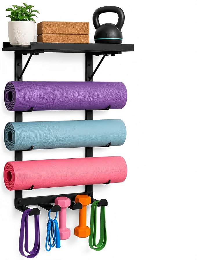 Yoga Mat Holder, Home Gym Storage Rack with Shelf, 6 Hooks and 4 Slots | Durable metal frame holds yoga mats, foam rollers and blocks, creating organized storage for home gyms and workout rooms