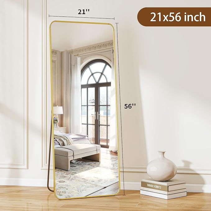 BEAUTYPEAK 56" x 21" Rounded Corner Full Length Mirror with Stand, Gold | Aluminum Alloy Frame with Standing, Leaning, or Wall-Mounted, Ideal for Bedroom, Dressing Room, Entryway, and Living Room
