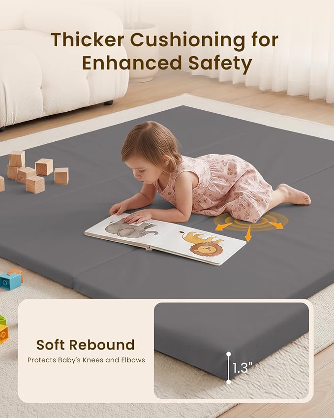 SEPARO Foldable Baby Play Mat,Vegan Leather 47x47 Baby Mat for Floor,Grey | Trifold Waterproof Playmat for Babies,Soft Foam Tumbling Mat,Wipe-Clean&Non-Slip Outdoor Mats,Playmate for Baby Tummy Time