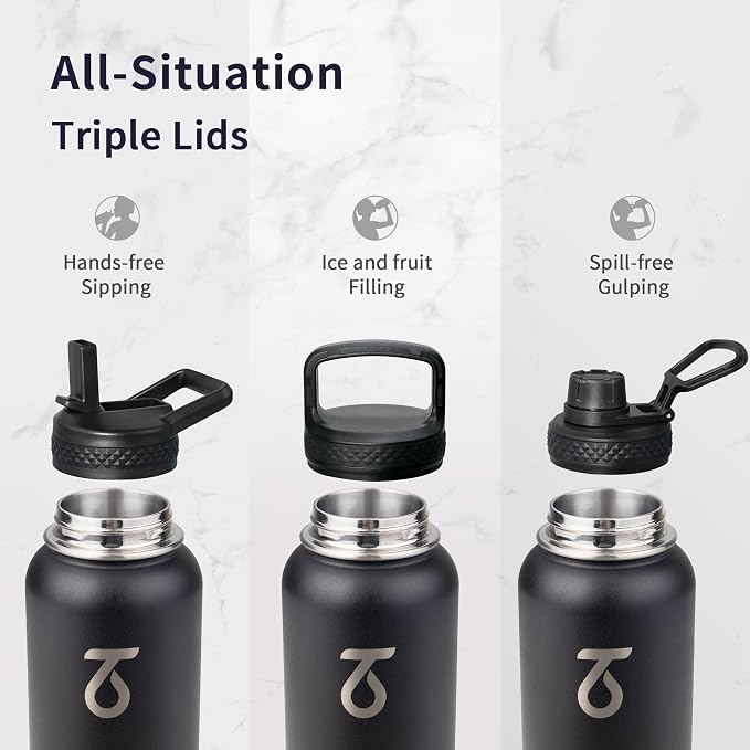 Trebo Insulated Water Bottle 32 oz with 3 Lids, Paracord Handle & Sleeve | Stainless Steel Metal Flask Vacuum, Triple Wall Copper Plated, Dishwasher Safe, Cold 48Hrs for Trail, Hiking, Wide Mouth