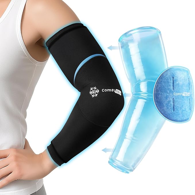 ComfiTECH Dual-Gel Full Arm Elbow Ice Pack Wrap with 30-Min Cooling, Medium | Detachable Cold Pack & Flexible Gel Sleeve for Volleyball, Reusable Ice Compress for Tennis Recovery, Shin Muscle Comfort