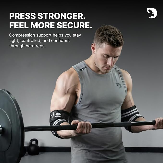 DMoose Fitness Elbow Wraps for Weightlifting (Pair) - 40'' Adjustable Strap for Gym Workout & Bench Press, Compression Elbow Sleeves for Tendonitis, Joint Support, Powerlifting & Deadlifts