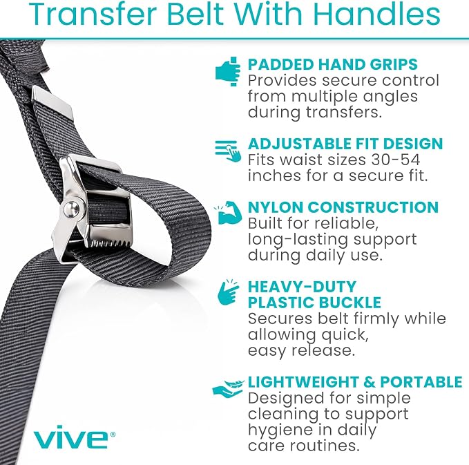 Vive Gait Belt (350lbs) Transfer Belt with Handles - Medical Nursing Safety Patient Assist - Bariatric, Elderly, Handicap, Physical Therapy - PT Gate Strap Quick Release Metal Buckle, Grabbing Teeth | Patient Assist - Bariatric, Elderly, Handicap, Phys...