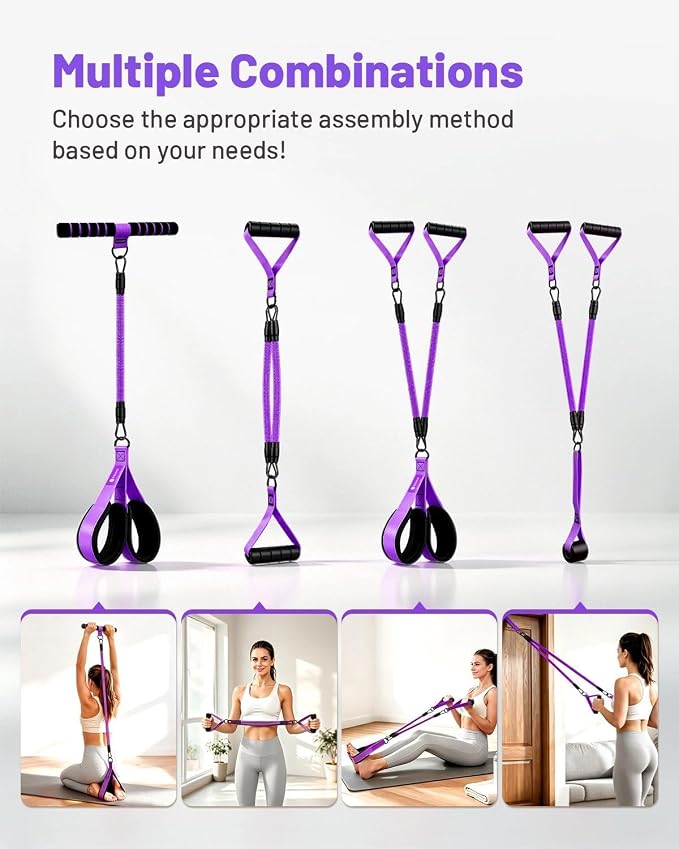 Multifunction Pedal Resistance Band with Handle, 4 Tubes 30/40/50LB Adjustable Foot Pedal Puller Resistance Band with Foam Handle& Storage for Men Women Core, Arm, Legs, Body Workout Home Gym, Purple