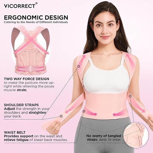 Vicorrect Posture Corrector for Women and Men: Adjustable Back Brace for Upper Back Support & Shoulder Neck Pain Relief - Lightweight Breathable Design (Pink Medium)