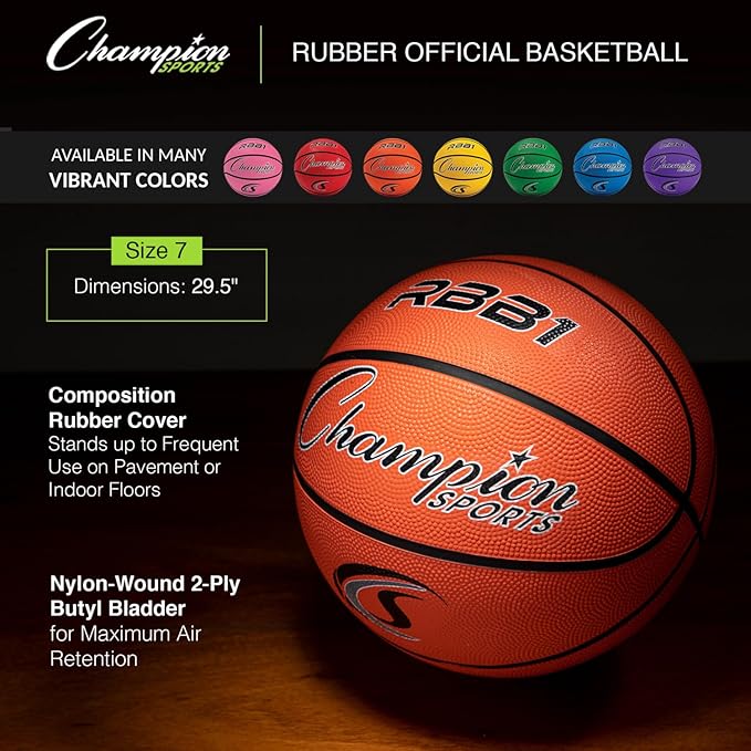 Champion Sports Rubber Basketballs – Durable Indoor & Outdoor Training & Recreational Game Balls, Multiple Sizes & Colors