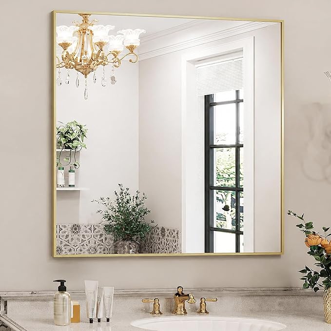36" x 36" Large Gold Wall Mirror, Oversized Square Accent Mirror, Luxury Metal Framed Decor for Living Room & Bathroom Vanity