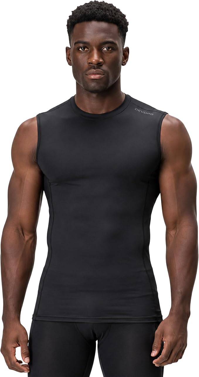 DEVOPS 3 Pack Men's Compression Shirts Sleeveless Tank Top Baselayer | Gym Training, Running, Moisture Wicking, Compression Fit, 4-Way Stretch, UPF 50+, Sleeveless