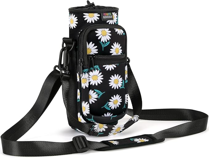 Nuovoware Water Bottle Carrier Bag, 25oz/32oz Bottle Pouch Holder, Adjustable Shoulder Hand Strap 2 Pocket Sling Neoprene Sleeve Sports Accessories for Hiking Travelling Camping, BlackDaisy | Adjustable Shoulder Hand Strap, 2 Pocket, Neoprene Sleeve, F...