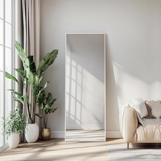 48x16 inch White Full Length Mirror, Floor Mirror with Stand | Matte White Metal Frame, No Distortion, High Definition, White Body Mirror for Bedroom, Living Room, Entryway, Bathroom