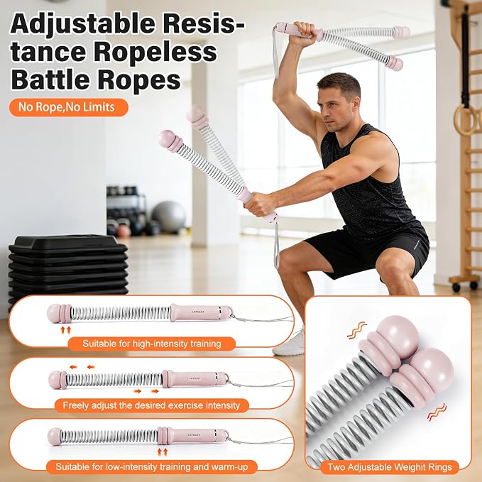 Weighted Ropeless Battle Ropes Adjustable Weight - Portable Cordless Battle Ropes for Home Gym with Workout Poster, Strength Building, HIIT & Low-Impact Cardio Training for Men & Women (Pink)