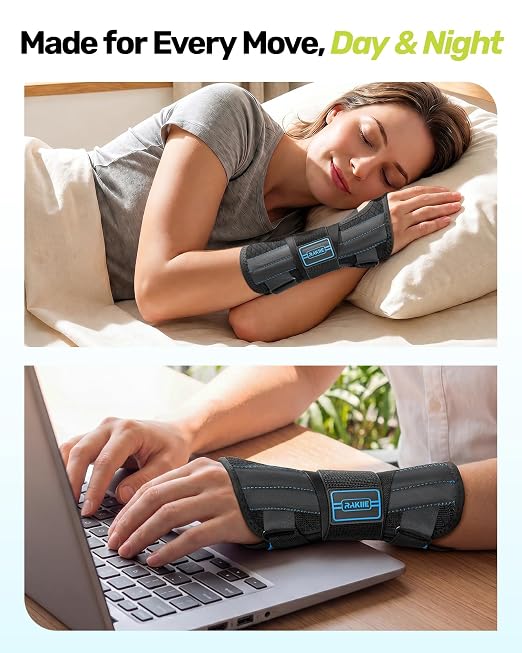 Rakiie Upgraded Carpal Tunnel Wrist Brace, Night Support for Arthritis, Sprain & Tendonitis Pain Relief, Flexible 3-Bar Support, Breathable Fit Hand Splint for Men & Women (Blue, Small, Left Hand)