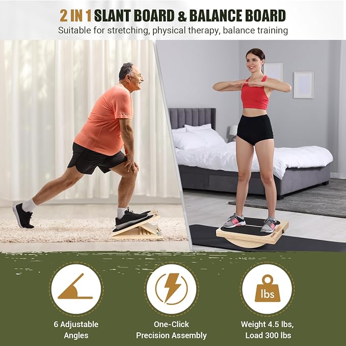 Slant Board Calf Stretching, 300 LBS Capacity Portable Wooden Incline Board | Training Poster, 5 Adjustable Angles, Non-Slip Calf Mobility Board for Legs, Ankles, Knees, Heels, Physical Therapy & Squats