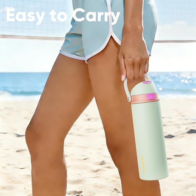Insulated Water Bottle with Straw - Encool Stainless Steel Water Bottle with Push Button Lid, Leak-Proof & BPA-Free, Keeps Cold for 24 Hours for Sports, Travel, Gym (18 oz, Geyser Green)