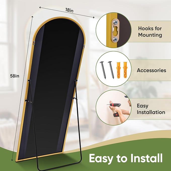 Full Length Mirror, 58"x18" Arched Full Body Mirror, Oversized Floor Mirrors, Leaning Free Standing Mirrors, Hanging Mounted Large Mirrors for Bedroom Dressing Room, Cloakroom, Gold