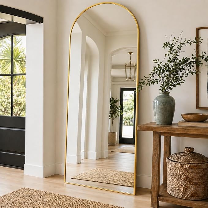 Full Length Mirror, 71"x27" Arched Floor Mirror Freestanding, Floor Standing Full Body Mirror with Stand for Bedroom, Hanging Mounted for Living Room Cloakroom, Gold