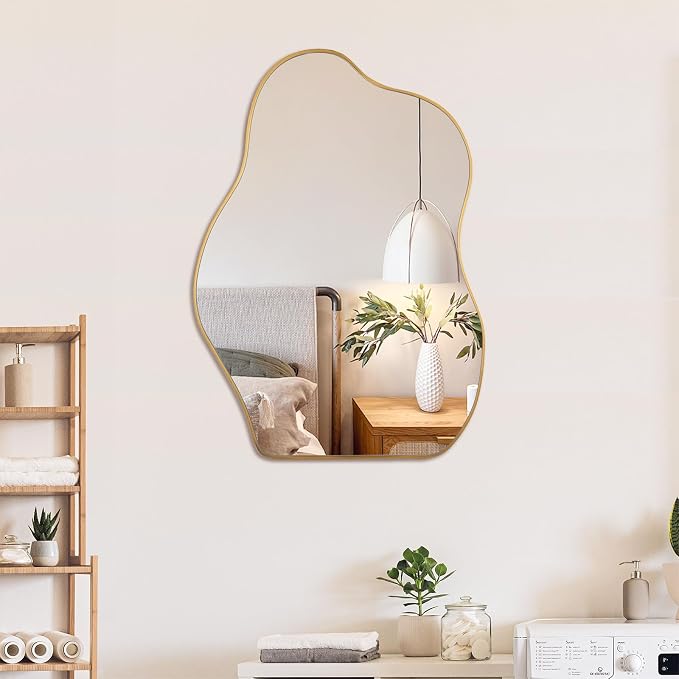BOMINICA Irregular Wall Mirror Asymmetrical Mirror, Decorative Wall Mirror Golden Wood Framed, Wall Mounted Mirror for Bathroom Living Room Entryway Bedroom Hallway (Gold, 20" x 28")