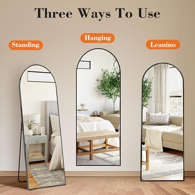 OLIXIS Arched Full Length Mirror with Stand, 60"x16" Full Body Mirror | Aluminum Alloy Thin Frame, Floor Hanging or Leaning Wall, Bedroom Living Room, Black
