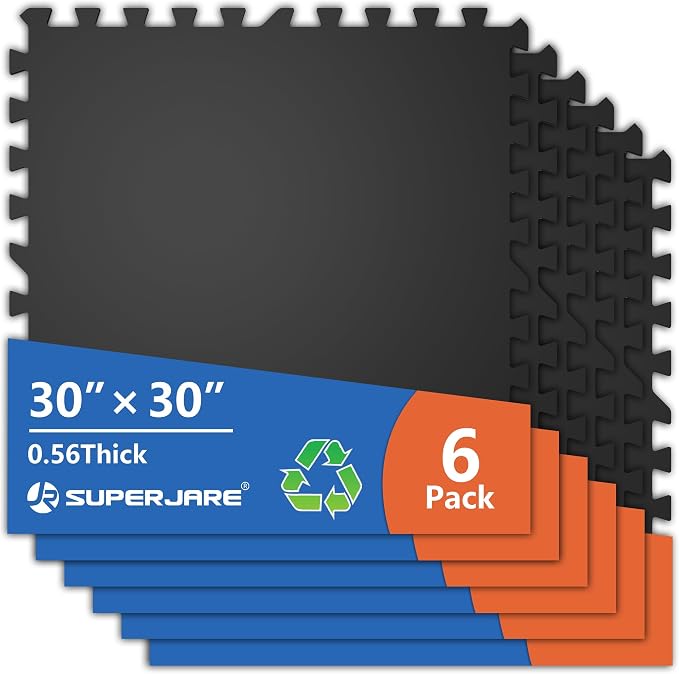 SUPERJARE 30" x 30" Larger Rubber Top Exercise Equipment Mats, 0.56" Thick 6PCS 37.5 Sq Ft High-Density EVA Foam Interlocking Gym Flooring, Big Workout Mat for Home Gym, Floor Protection, Black