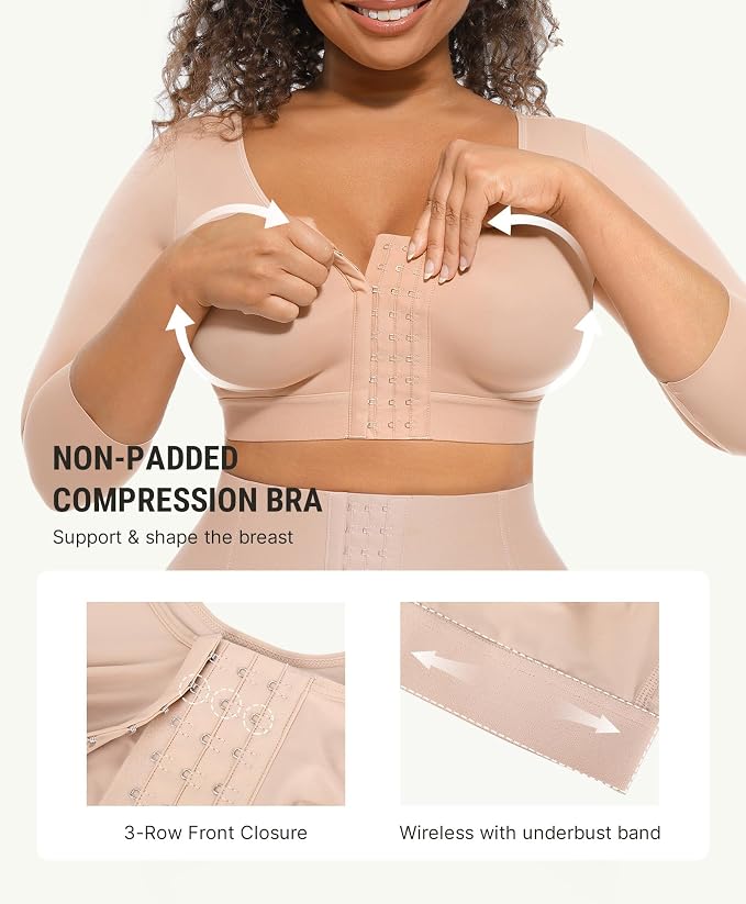 FeelinGirl Arm Compression Sleeve Women Post Surgery Front Closure Bra | Arm Lipo Compression Garment, Seamless Arm Shaper for Flabby Arms, Lymphedema Compression, Breast/Back Support