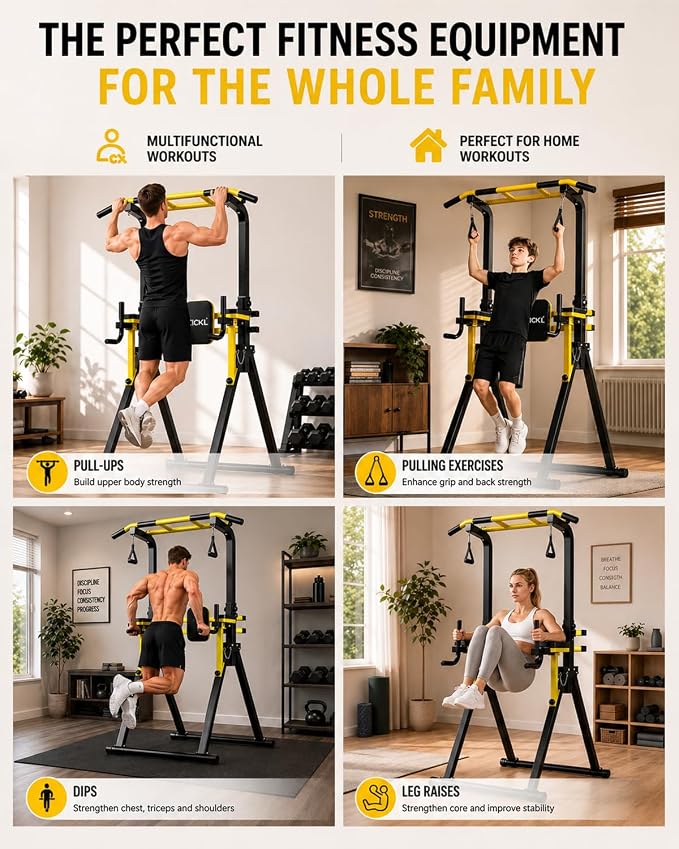 Foldable Pull Up Bar Free Standing, Multi-function Power Tower Dip Bar | Upgraded - Free Standing Pull Up Bar Station, Assistance Bands Home Gym Strength Training Equipment