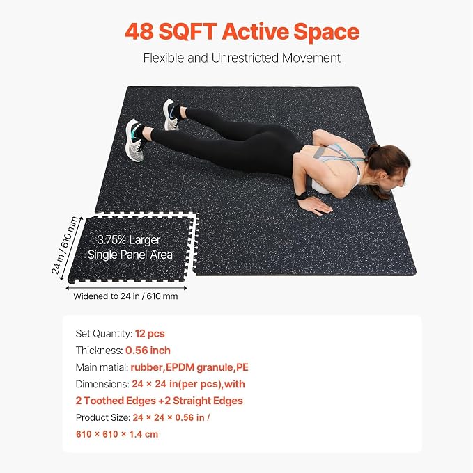 VEVOR 0.56Inch 48sq.ft 12 Tiles Gym Flooring for Home Gym, Rubber Top with High Density EVA Foam, 24 x 24In Gym Floor Exercise Equipment Mats, Interlocking Gym Mats, Puzzle Workout Mats, Black & White | Rubber Top with High Density EVA Foam, 24 x 24in ...