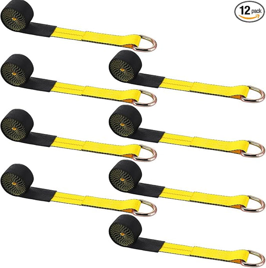 12 Pack 2" x 10ft Lasso Tow Truck Straps with D Ring 11, 000 Lbs Break Strength D Ring Auto Tie Down Wheel Lift Trailer Strap for Hauling Utv SUV Wrecker Rollback (Yellow)