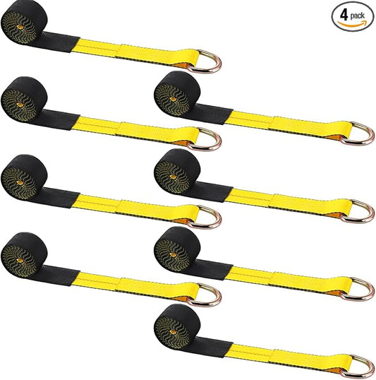4 Pack 2" x 10ft Lasso Tow Truck Straps with D Ring 11, 000 Lbs Break Strength D Ring Auto Tie Down Wheel Lift Trailer Strap for Hauling Utv SUV Wrecker Rollback (Yellow)