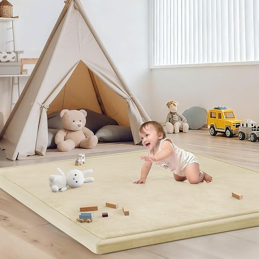 Baby Play Mat for Floor Nursery Rug Muscle Mat Area Rug Playroom Rug 50"x50" Playpen Mat Elastic Foam 1.3" Thick Crawling Mat for Babies,Toddlers, Infants, Kids,Light Beige
