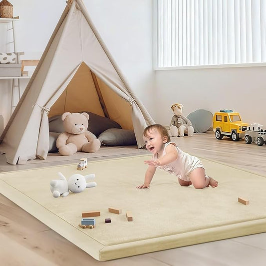 Baby Play Mat for Floor Nursery Rug Muscle Mat Area Rug Playroom Rug 47"x47" Playpen Mat Elastic Foam 1.3" Thick Crawling Mat for Babies,Toddlers, Infants, Kids,Light Beige