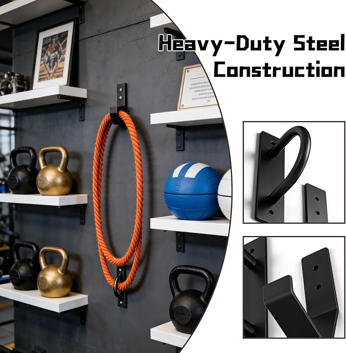 Heavy Duty Steel Battle Rope Wall Anchor Kit with Storage Hook, Fitness Rope Wall Mount for 30-50 Feet 1"-2.5" Battle Ropes