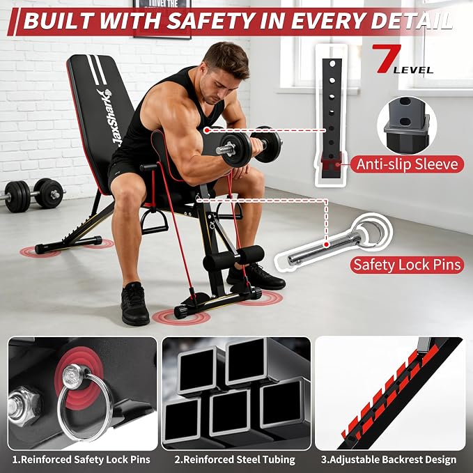 Adjustable Weight Bench, Foldable Workout Bench Press for Home Gym | Heavy duty utility incline decline flat bench with preacher curl, leg extension for full-body strength training.