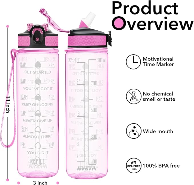 Hyeta Water Bottle with Straw & Time Marker, Plastic 32oz Leakproof | Motivational Tritan BPA Free Gym Office Outdoor Intake Tracker Hourly Reminder Straw Lid Carry Strap