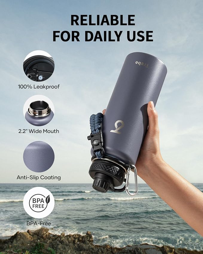 Trebo Water Bottle Insulated 40 oz with 3 Lids, Paracord Handle & Sleeve | Stainless Steel Flask Vacuum, Triple Wall Copper Plated, Dishwasher Safe, Keeps Cold 48Hrs for Hiking, Gym, Wide Mouth