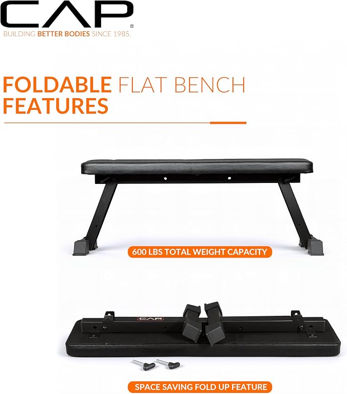 CAP Barbell Foldable Flat Weight Bench | Folding Workout Bench with Steel Frame, Thick Box-Stitched Padding & 600 LB Capacity | Compact Home Gym Strength Training Bench